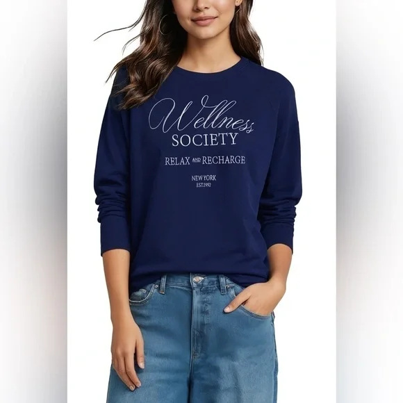 WILDFOX ‘Wellness Society’ Keely Raglan Sweatshirt in Medieval Blue - Picture 3 of 11